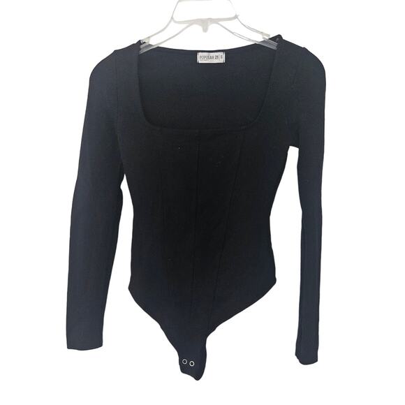 Popular 21 Black Long Sleeve Square Neck Body Suit sz Small Basic Minimalist - Picture 1 of 5